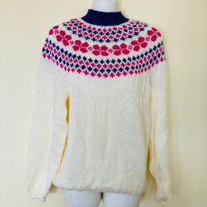 Hand Knit Fair Isle Yoke Pullover Sweater Ivory Acrylic & Pink and Purple Design